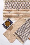 Pure Chanderi Silk Hand Block Printed 3 PC Suit - Sandy Brown/Blue