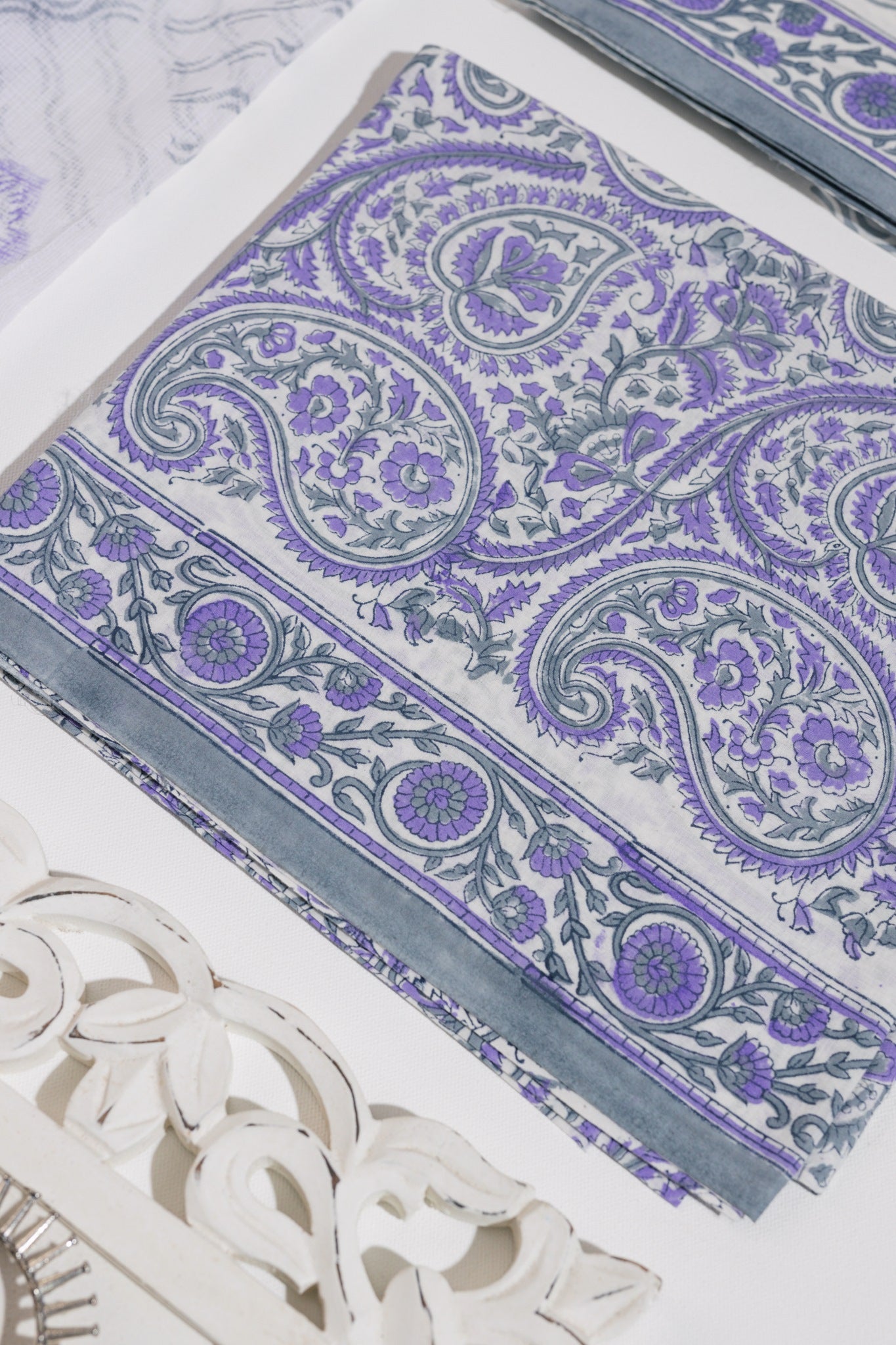 Pure Cotton Hand Block Printed 3 PC Suit with Kota Doria Dupatta - White/Lavender - Vastra Raag