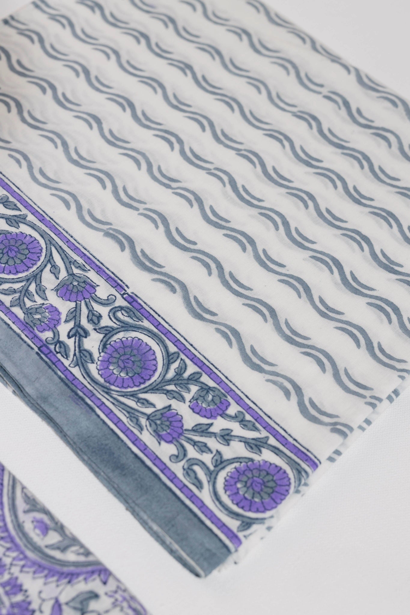 Pure Cotton Hand Block Printed 3 PC Suit with Kota Doria Dupatta - White/Lavender - Vastra Raag