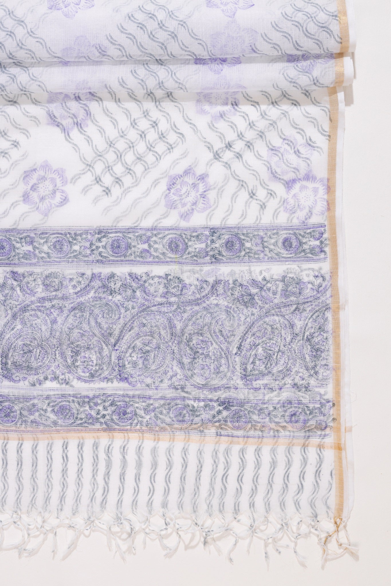 Pure Cotton Hand Block Printed 3 PC Suit with Kota Doria Dupatta - White/Lavender - Vastra Raag