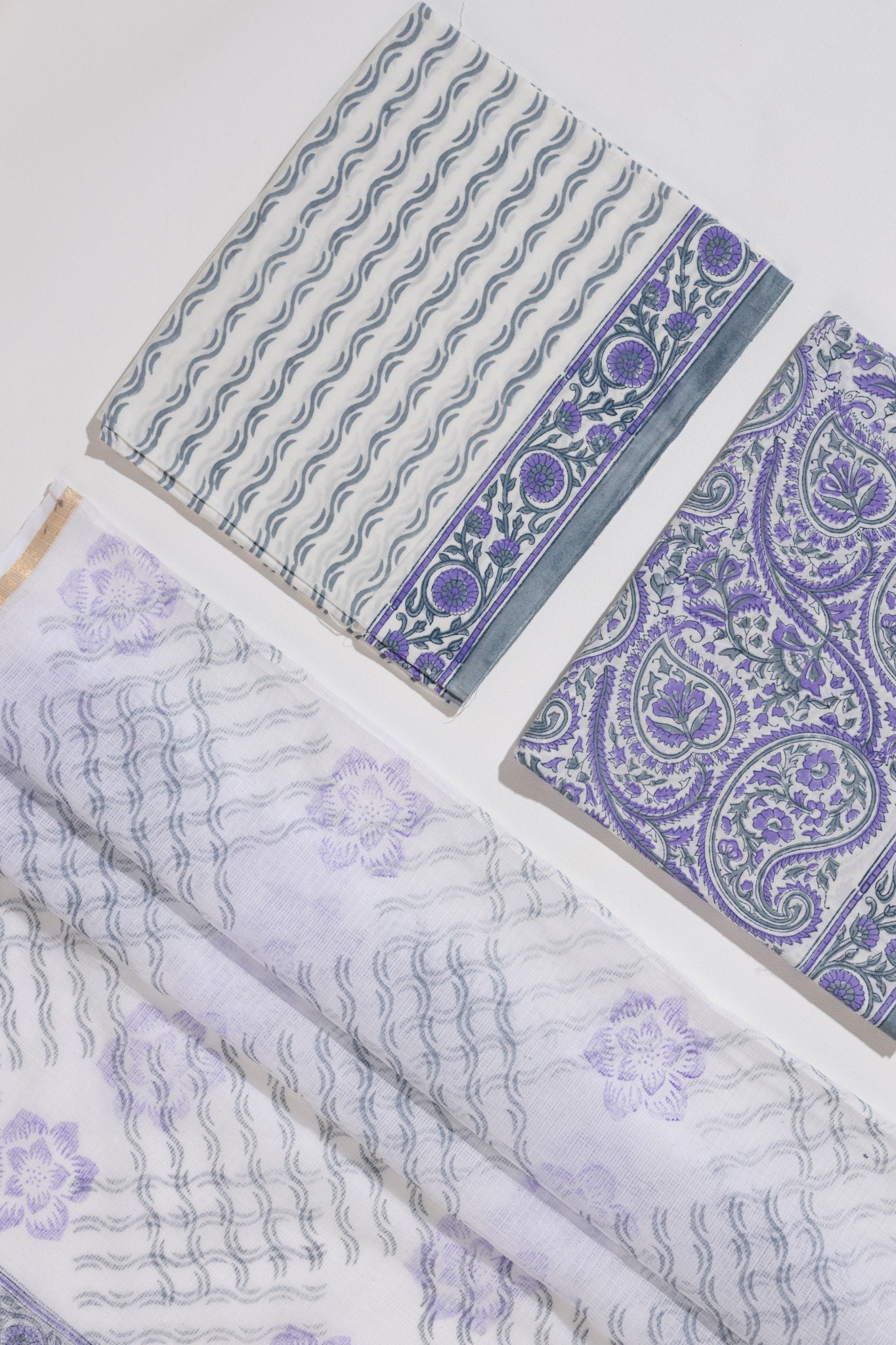 Pure Cotton Hand Block Printed 3 PC Suit with Kota Doria Dupatta - White/Lavender - Vastra Raag