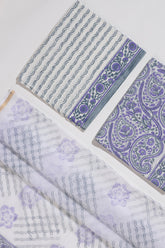 Pure Cotton Hand Block Printed 3 PC Suit with Kota Doria Dupatta - White/Lavender - Vastra Raag