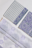 Pure Cotton Hand Block Printed 3 PC Suit with Kota Doria Dupatta - White/Lavender - Vastra Raag