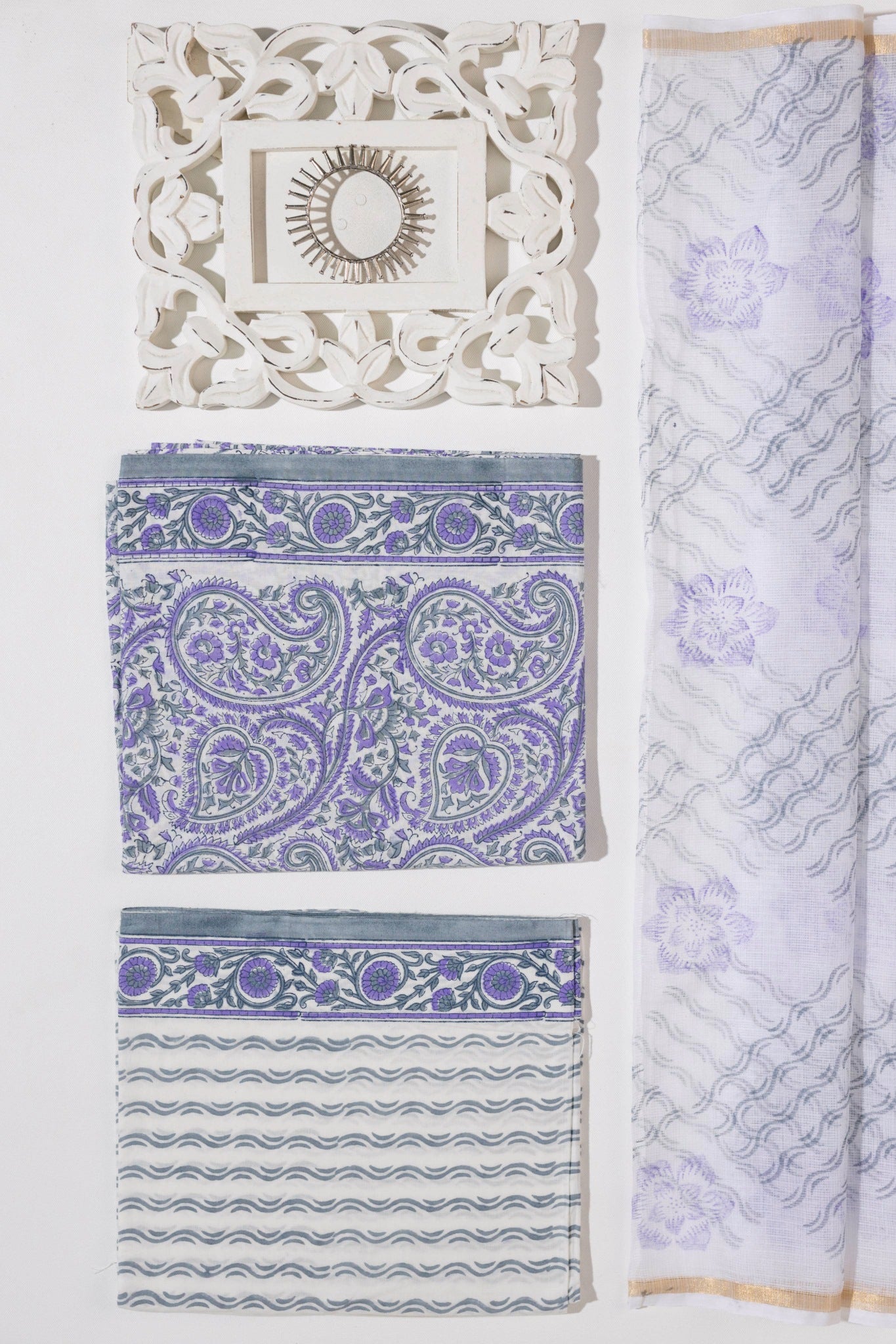 Pure Cotton Hand Block Printed 3 PC Suit with Kota Doria Dupatta - White/Lavender - Vastra Raag