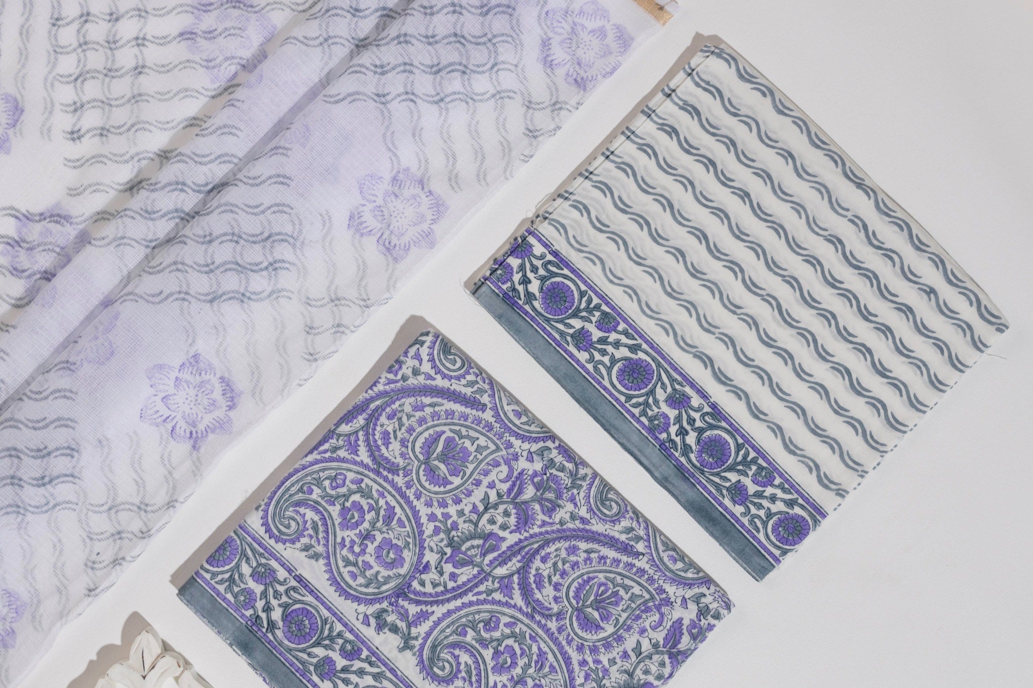 Pure Cotton Hand Block Printed 3 PC Suit with Kota Doria Dupatta - White/Lavender - Vastra Raag