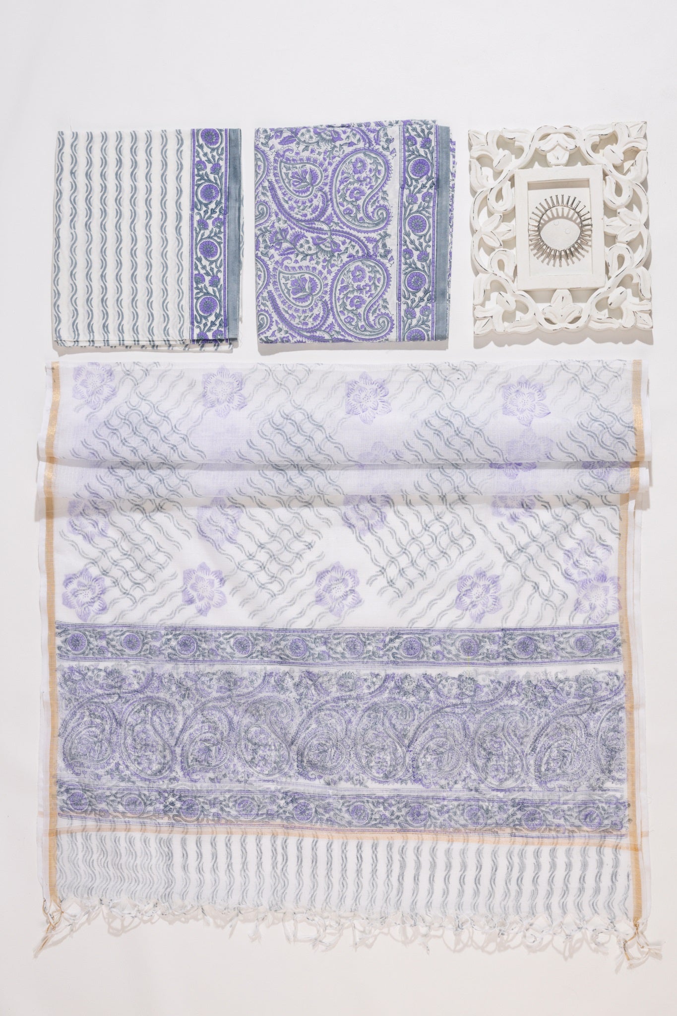 Pure Cotton Hand Block Printed 3 PC Suit with Kota Doria Dupatta - White/Lavender - Vastra Raag
