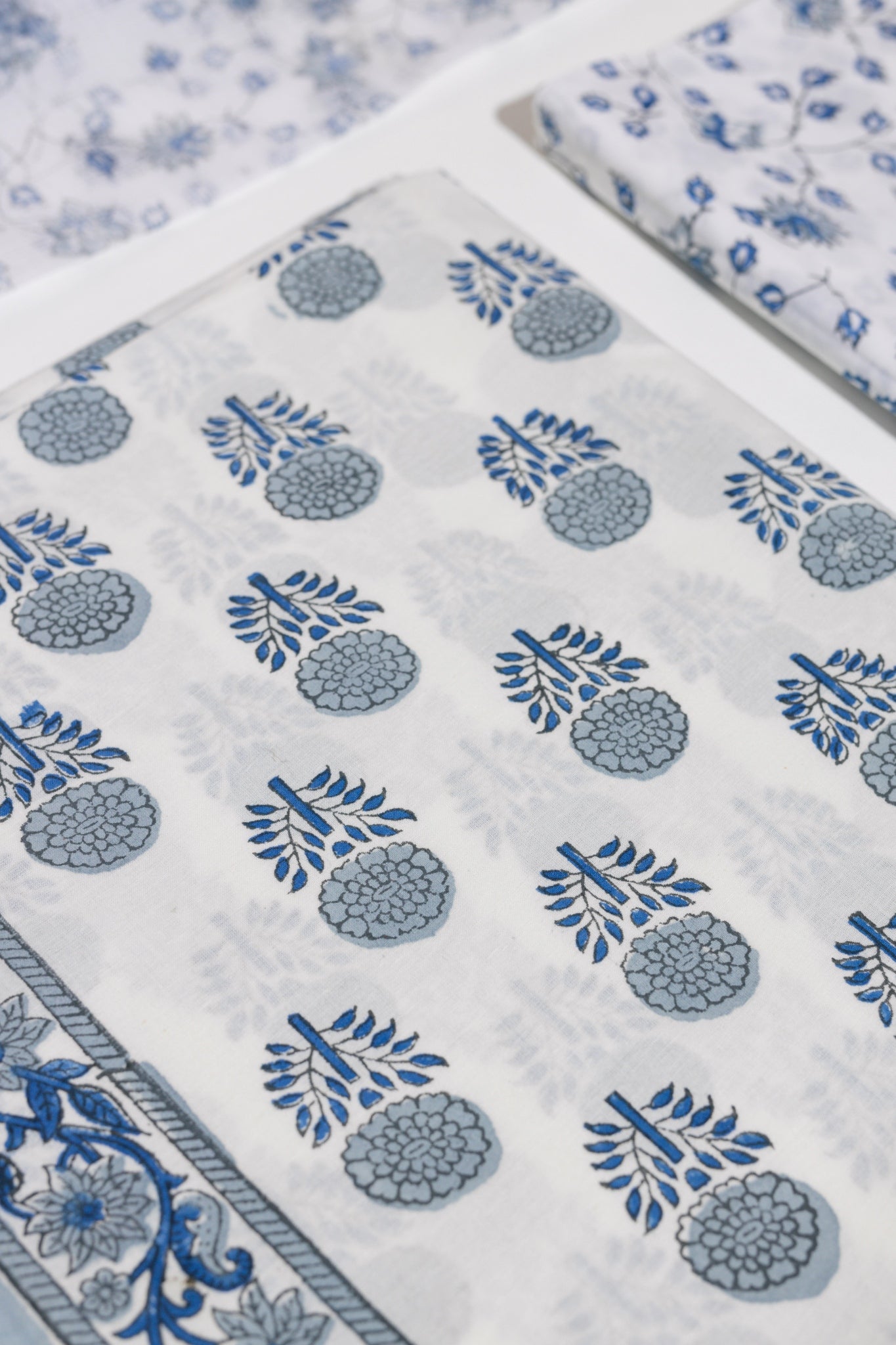 Pure Cotton Hand Block Printed 3 PC Suit with Kota Doria Dupatta - White/Grey - Vastra Raag