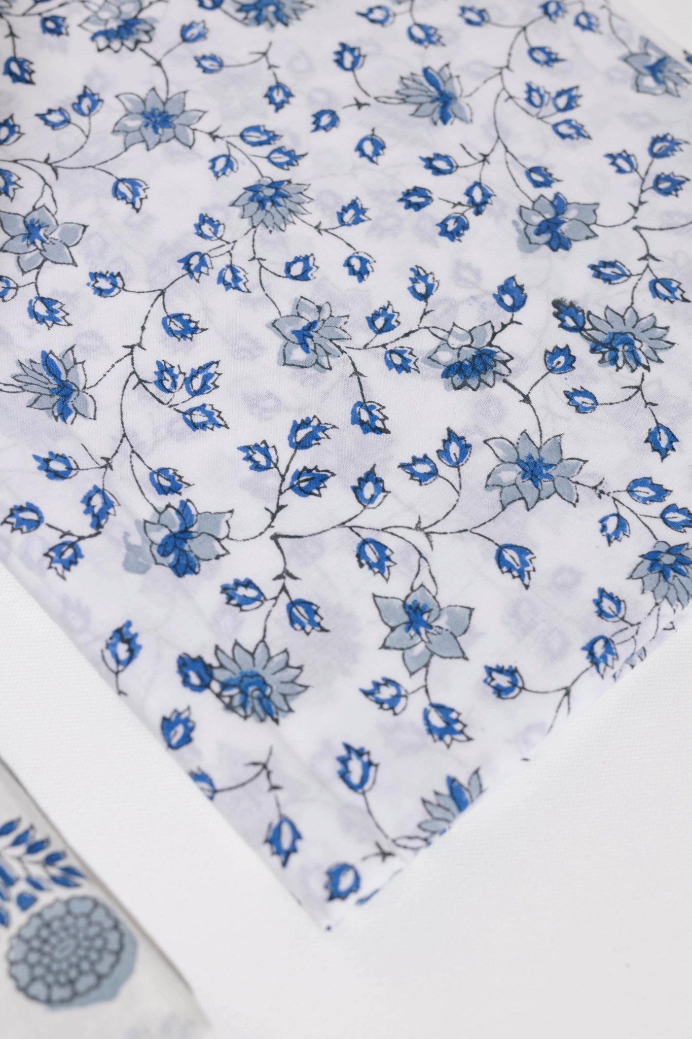 Pure Cotton Hand Block Printed 3 PC Suit with Kota Doria Dupatta - White/Grey - Vastra Raag