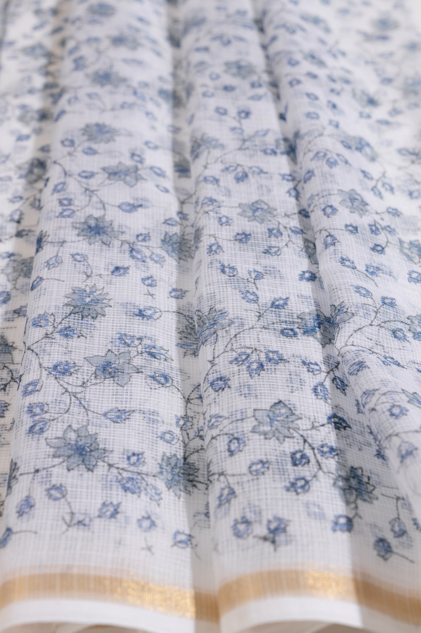 Pure Cotton Hand Block Printed 3 PC Suit with Kota Doria Dupatta - White/Grey - Vastra Raag