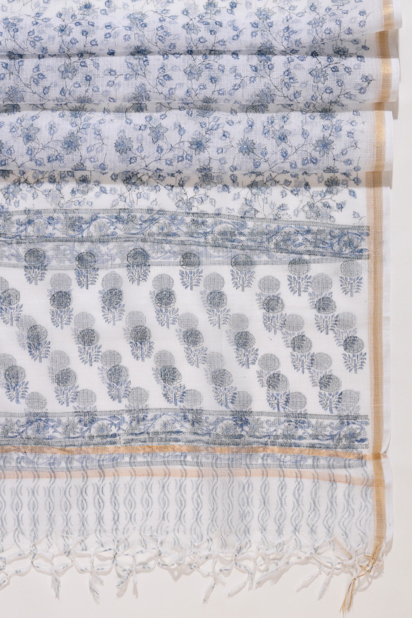 Pure Cotton Hand Block Printed 3 PC Suit with Kota Doria Dupatta - White/Grey - Vastra Raag