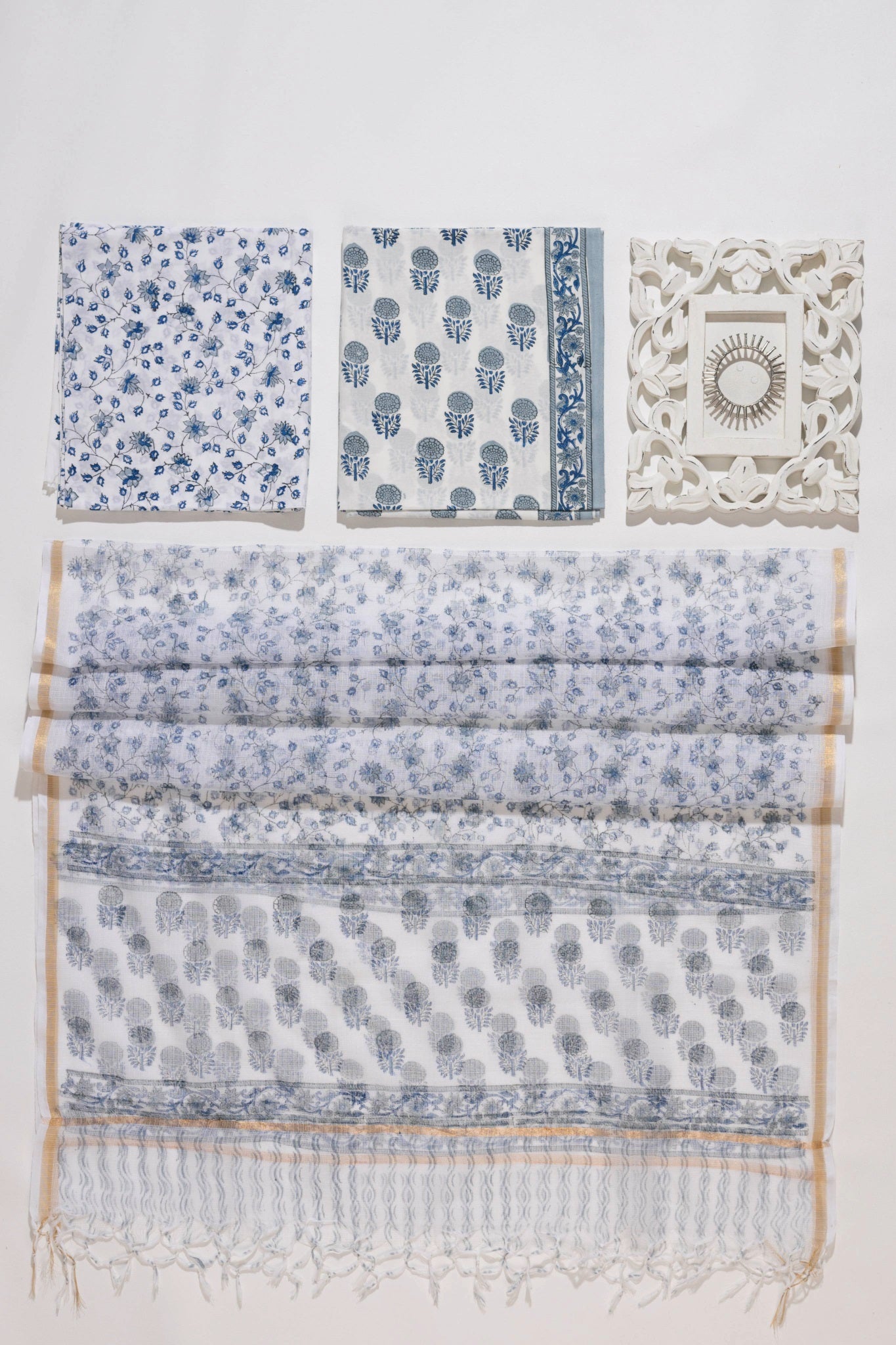 Pure Cotton Hand Block Printed 3 PC Suit with Kota Doria Dupatta - White/Grey - Vastra Raag