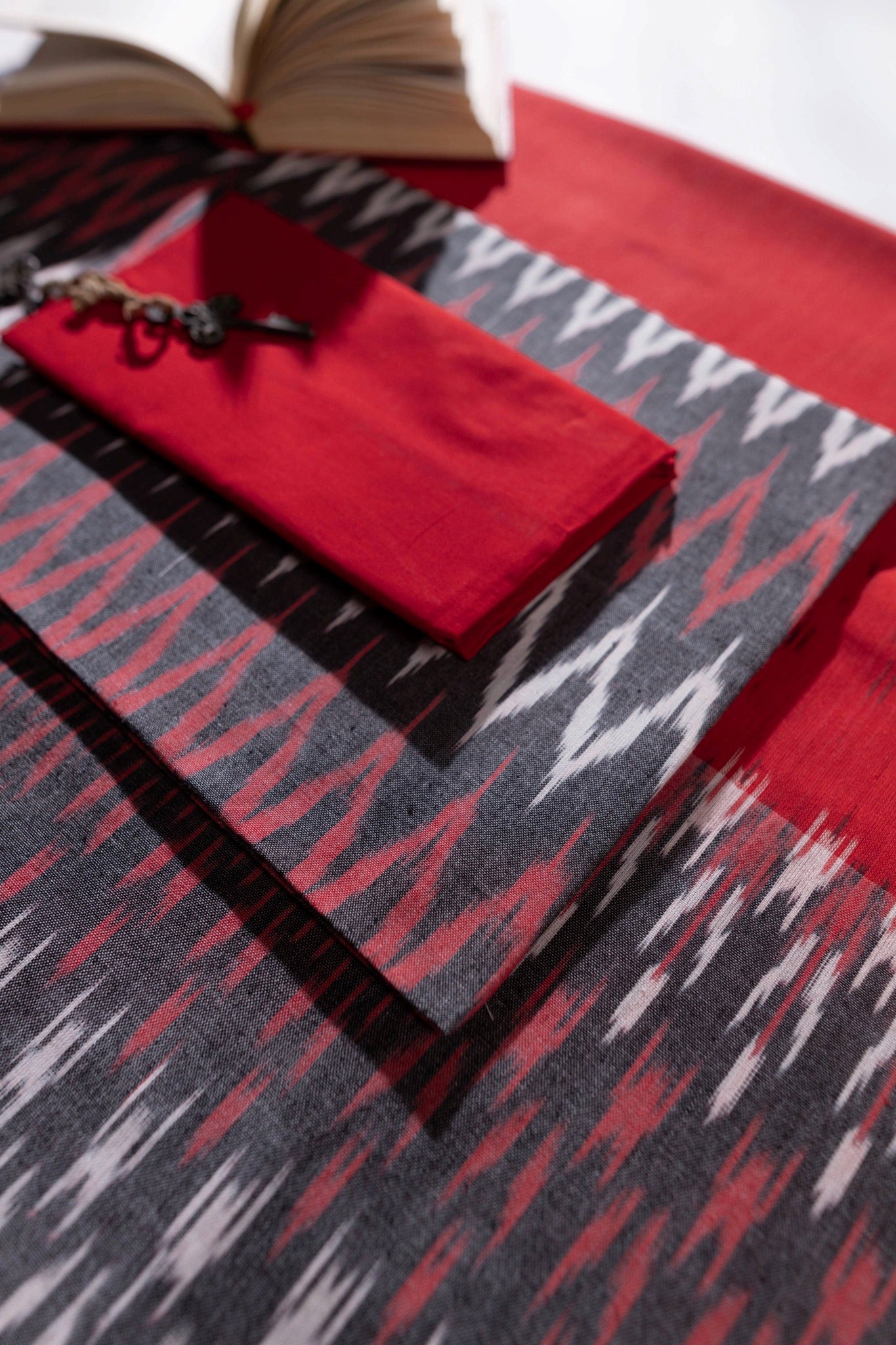 Pure Cotton Ikat Weaved 3 Piece Suit Piece - Grey/Red - Vastra Raag