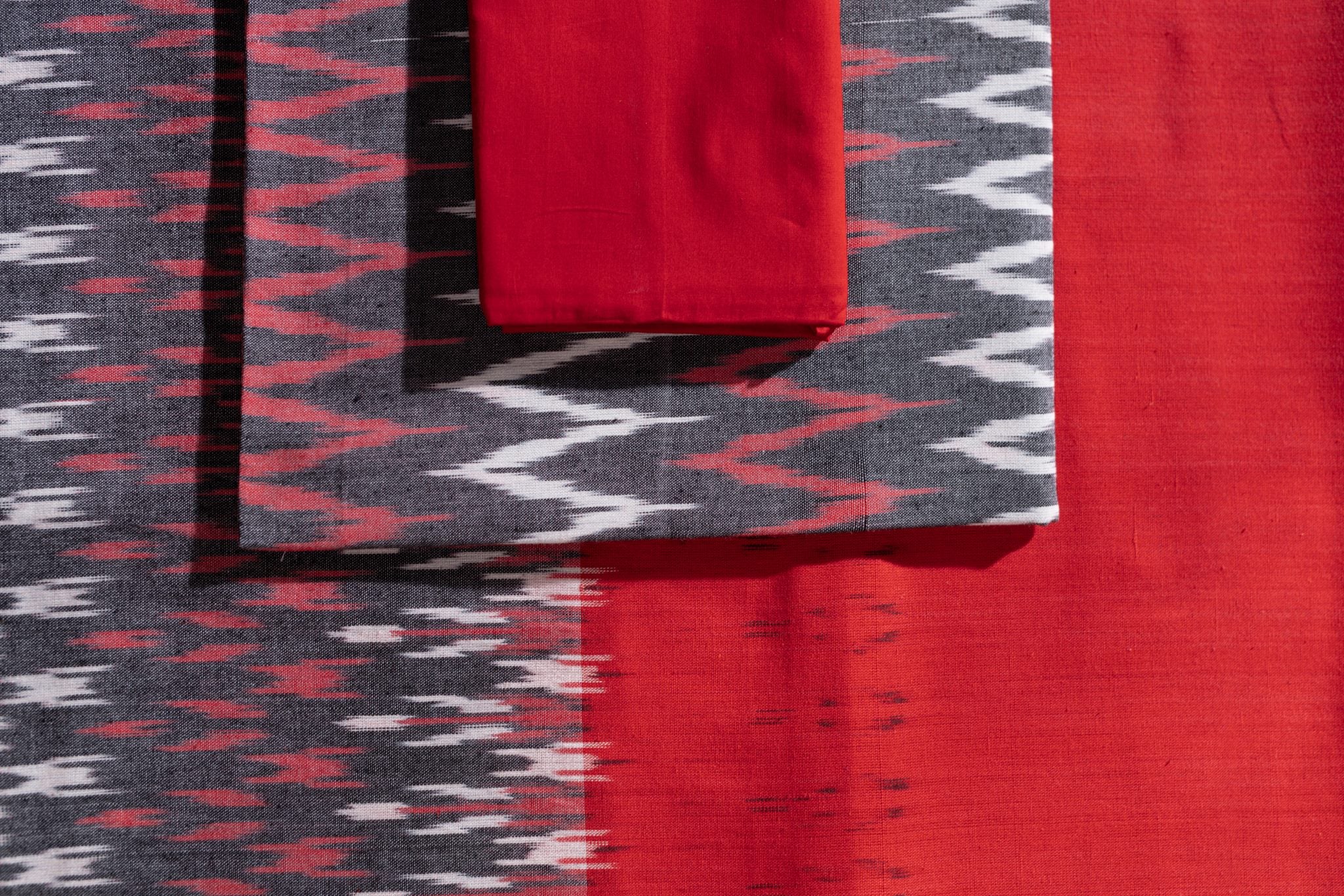 Pure Cotton Ikat Weaved 3 Piece Suit Piece - Grey/Red - Vastra Raag