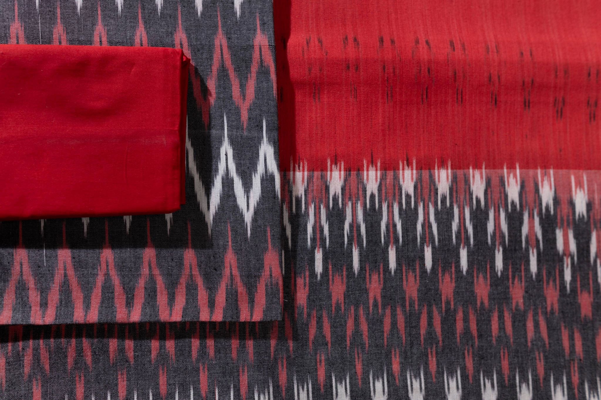 Pure Cotton Ikat Weaved 3 Piece Suit Piece - Grey/Red - Vastra Raag