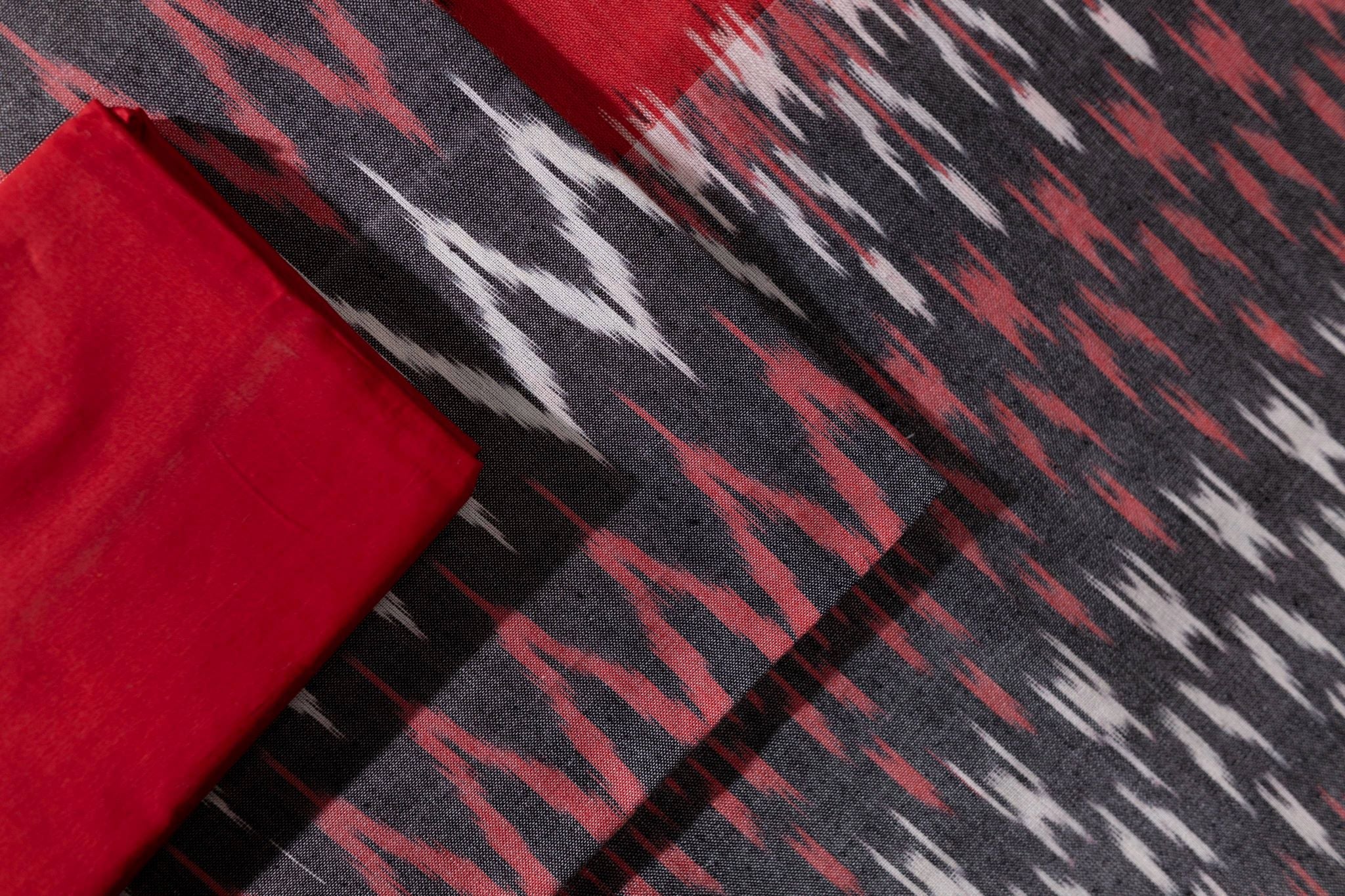 Pure Cotton Ikat Weaved 3 Piece Suit Piece - Grey/Red - Vastra Raag