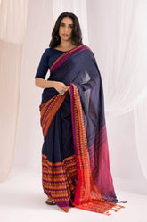 Begumpuri Handloom Cotton Saree - Navy Blue/Orange