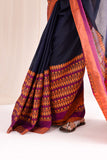 Begumpuri Handloom Cotton Saree - Navy Blue/Orange
