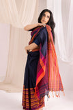 Begumpuri Handloom Cotton Saree - Navy Blue/Orange