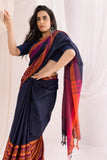 Begumpuri Handloom Cotton Saree - Navy Blue/Orange