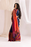 Begumpuri Handloom Cotton Saree - Navy Blue/Orange