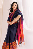 Begumpuri Handloom Cotton Saree - Navy Blue/Orange