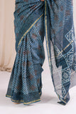 Indigo - Chanderi Silk Ajrakh Hand block Printed Saree | Natural Vanaspati Dyes