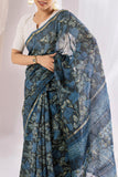 Indigo - Chanderi Silk Ajrakh Hand block Printed Saree | Natural Vanaspati Dyes
