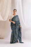 Indigo - Chanderi Silk Ajrakh Hand block Printed Saree | Natural Vanaspati Dyes