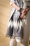 Grey/White - Pochampally double Ikat cotton dupatta