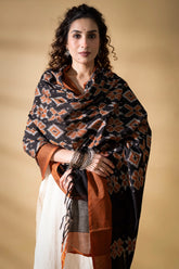 Brown/Black - Pochampally double Ikat cotton dupatta