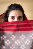 Red/Grey - Pochampally double Ikat cotton dupatta