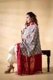 Red/Grey - Pochampally double Ikat cotton dupatta