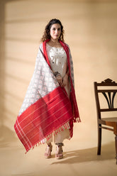 Red/Grey - Pochampally double Ikat cotton dupatta