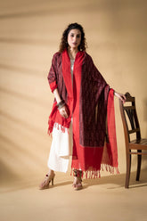 Deep Brown/Red - Pochampally double Ikat cotton dupatta