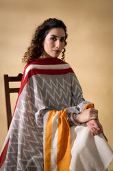 Grey/Red/Yellow - Pochampally double Ikat cotton dupatta