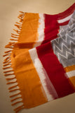 Grey/Red/Yellow - Pochampally double Ikat cotton dupatta