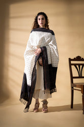 Black/White - Pochampally double Ikat cotton dupatta