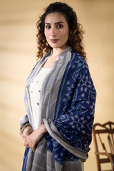 Grey/Blue - Pochampally double Ikat cotton dupatta