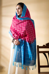 Blue/Pink - Pochampally double Ikat cotton dupatta
