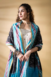 Black/Blue - Pochampally double Ikat cotton dupatta