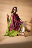Deep Brown/Green - Pochampally double Ikat cotton dupatta
