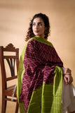 Deep Brown/Green - Pochampally double Ikat cotton dupatta