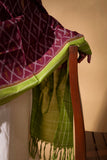 Deep Brown/Green - Pochampally double Ikat cotton dupatta