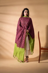 Deep Brown/Green - Pochampally double Ikat cotton dupatta