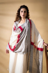White/Grey - Pochampally double Ikat cotton dupatta