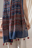 Blue - Ajrakh Hand Block Printed - Handloom Cotton Stole