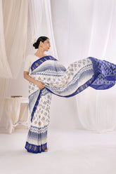 Pochampally Double Ikat Cotton Handloom Saree - Blue/White