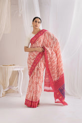Pochampally Double Ikat Cotton Handloom Saree - Pastel Peach