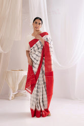 Pochampally Double Ikat Cotton Handloom Saree - Red/White