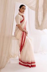 Pochampally Double Ikat Cotton Handloom Saree - White/Red